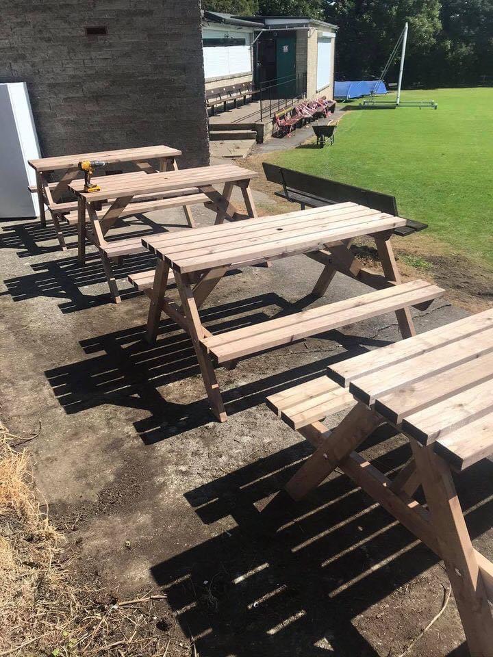 Outdoor dining picnic bench screwed and bolted